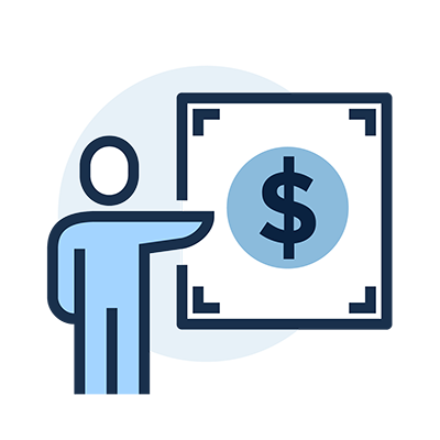 decorative graphic icon representing financial reporting person pointing to a dollar sign on a poster board